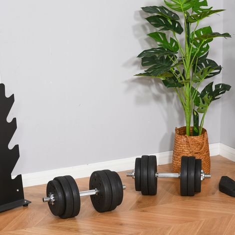 Juego de mancuernas de 30 kg con discos de peso para el hogar, la oficina o el gimnasio. Fabricadas en acero y polipiel, en color negro, ideales para entrenamiento de fuerza. (1/5)