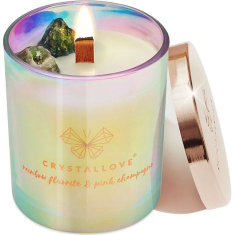 CRYSTALLOVE Sojakerze mit Regenbogenfluorit und rosa Champagner, 220 g (1/5)