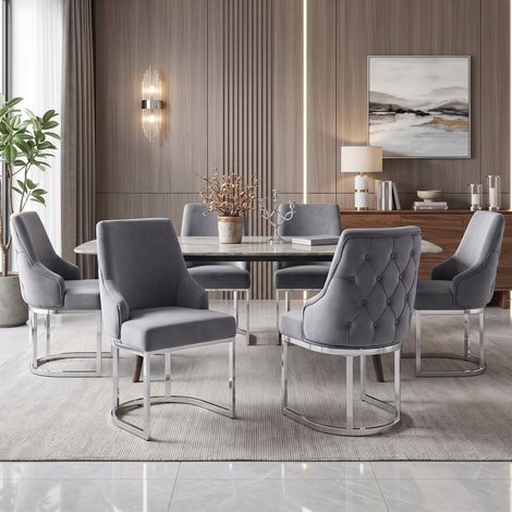 6 sillas de comedor, cómodas y transpirables, adecuadas para restaurantes, salas de estar, cafeterías y otros lugares, estilo moderno, patas de silla plateadas, tela de terciopelo, gris + plata (1/5)
