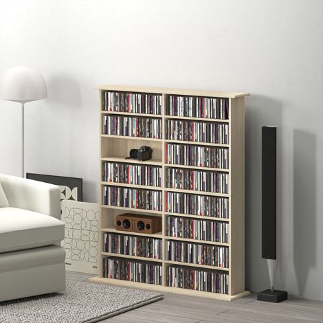 Rangement CD-DVD 16 compartiments 12 étagères réglables 720 CD/396 DVD/Blu-ray max Naturel
