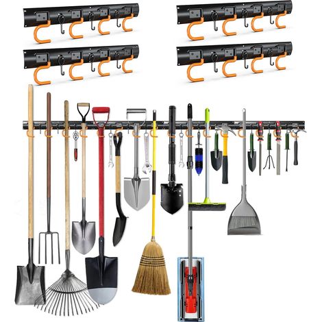 Support Outils Jardin Mural - 4 Panneaux - Acier Massif - Rangement Extensible 168cm - Garage Remise Atelier - Noir 4x42cm (1/5)