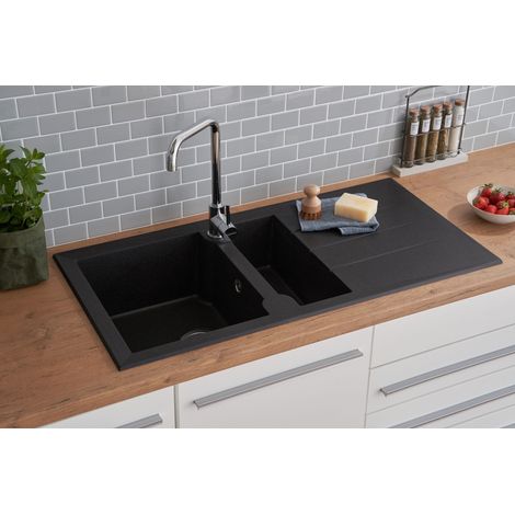Respekta – Évier en granit composite 1,5 bac noir – Dimensions 100 x 50 cm – Résistant à la chaleur jusqu'à 250° – Écoulement avec panier-filtre 90 mm