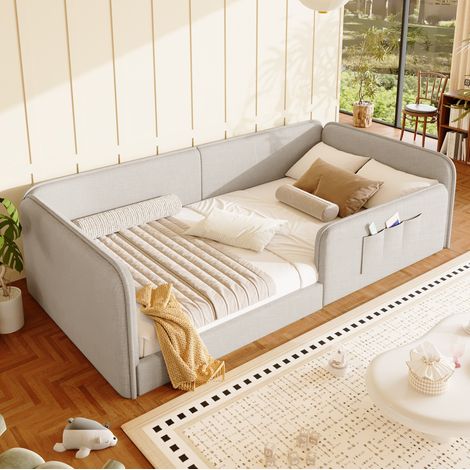 Lit enfant 90x200 cm plateforme en tissu lin, lit rembourré avec mousse, cadre de lit sécurisé tout autour, beige (1/5)