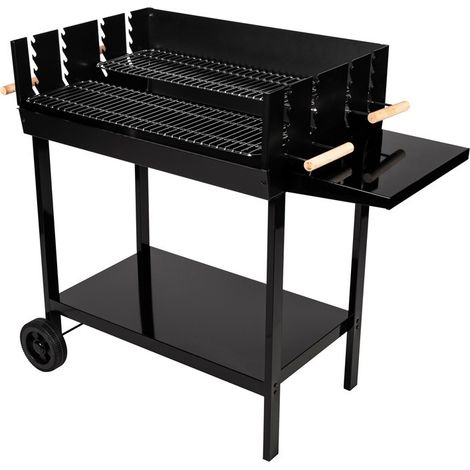 Somagic – Barbecue au charbon 106x52x92 cm – Cuve acier laqué 75x50 cm – 2 grilles chromées 72x23 cm – Chariot avec tablette latérale
