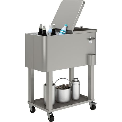 Chariot de service, avec roues, gris clair, 67 x 35 x 80 cm, pour terrasse et extérieur, ouvre-bouteille et étagère 56L pour terrasse de fête sur