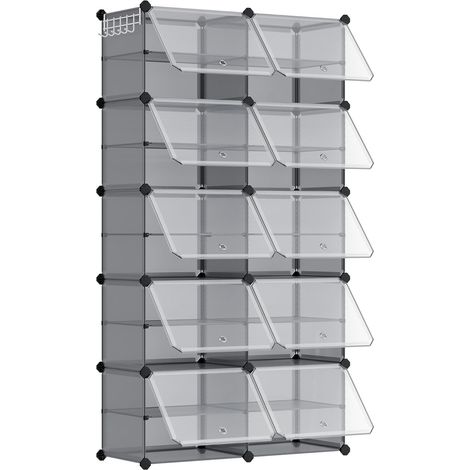 10 Étagère à chaussures, Structure en acier, Panneaux en plastique, Portes transparentes, Pour couloir et chambre