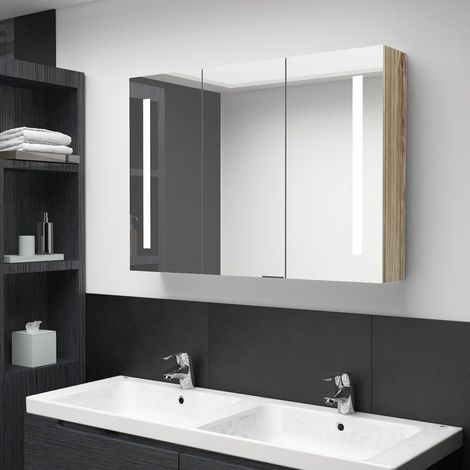 Armoire de salle de bain à miroir LED, Meuble de Rangement, Placard de Rangement Toilettes 89x14x62 cm Chêne MJU71142 (1/5)