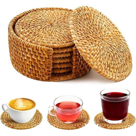 Juego de 6 posavasos, Posavasos redondos tejidos para bebidas, Decoración rústica de madera para mesa de centro, Ideal para cocina y comedor (1/5)