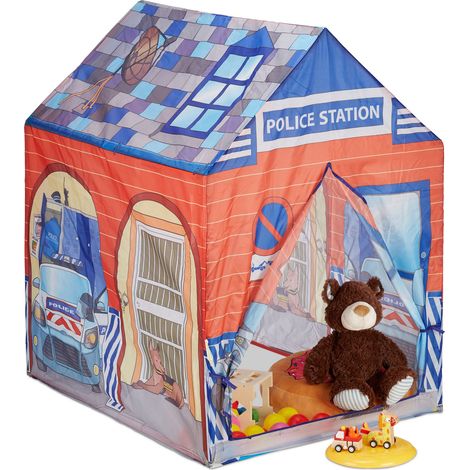 Relaxdays Police Station Play Tent for Children, Outdoors, 3 and Up, Fabric Kids Playpen HWD 102 x 72 x 95 cm, Blue-Red