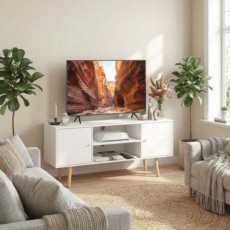 Meuble TV mobile 55 pouces en bois blanc avec 2 armoires et 2 étagères ouvertes, dimensions 120x34x50 cm. Design moderne et pratique. (1/5)
