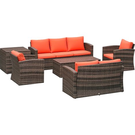 Outsunny 6 Pieces Rattan Garden Furniture Set, 7 Seater Wicker Outdoor Furniture Set with Storage Tea Table & Side Table, Sectional Garden Sofa Set with Cushions, Orange (1/5)