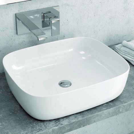 Lavabo appoggio ceramica bianca slim con linee arrotondate  Litos-0014 kamalu
