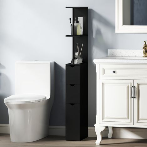 Meuble colonne salle de bain armoire de salle de bain avec tiroirs étagères ouvertes placard 15 x 33 x 136 cm noir (1/5)