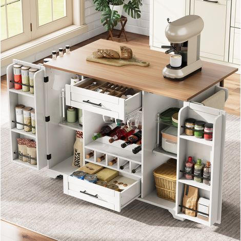 Carrello cucina 138/45(70)/92 cm bianco con piano estraibile e portabottiglie, pratico e salvaspazio (1/5)