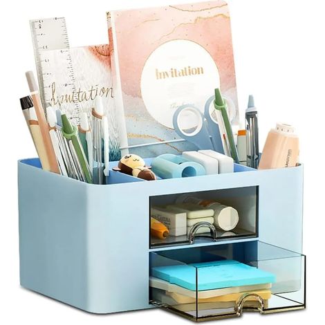 Bureau Organiseur 5 Compartiments Plastique avec Tiroir, Rangement Multifonctionnel de Table, Pot à Crayons pour Stylos Bureau Maison École (Bleu) (1/5)