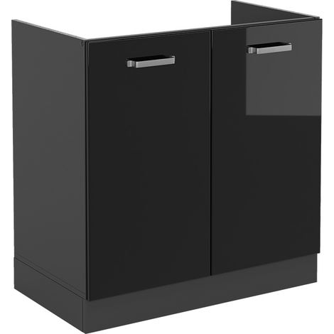 Meuble bas sous-évier R-Line, Noir Haute brillance, 80 cm sans plan de travail, Vicco