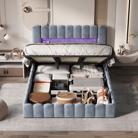 Lit coffre hydraulique 180x200 cm avec sommier à lattes éclairage LED et ports USB lit double capitonné velours gris style scandinave moderne (1/5)