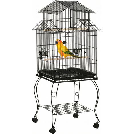 Cage à oiseaux avec support et étagère, volière pour cacatoès et perruches, 50x49x137 cm, noire (1/5)