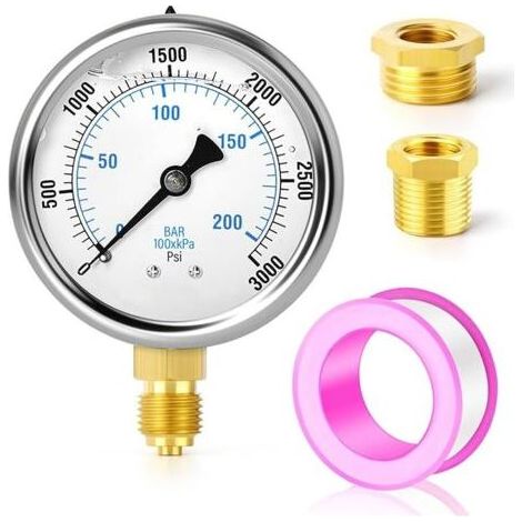 Pair 0-210 bars/0-3000 PSI Manomètre à liquide en acier inoxydable 1/4\" BSP 2,5\" FACE DIAL, montage inférieur avec douilles hexagonales en laiton 3/8\" x 1/4\" et 1/2\" x 1/4\" WOG Eau Huile Air (1/5)