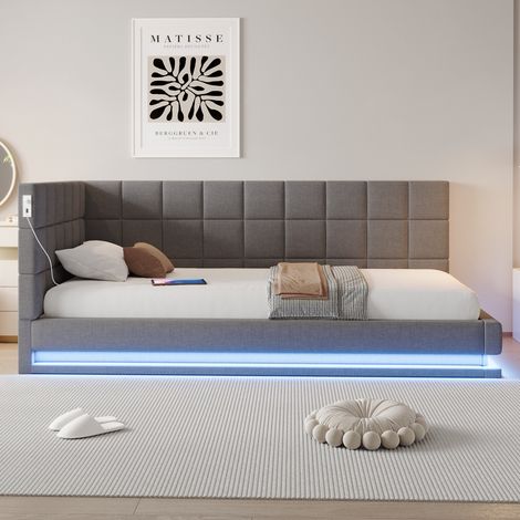 Canapé-lit 90200 cm, équipé d'une bande LED, d'une prise USB et d'un sommier, en velours gris. (1/5)