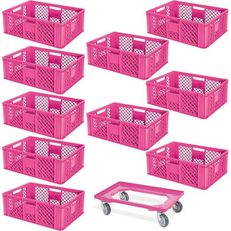 BRB 10 Eurobehälter, LxBxH 600x400x240 mm, lebensmittelecht + 1 Transportroller, pink