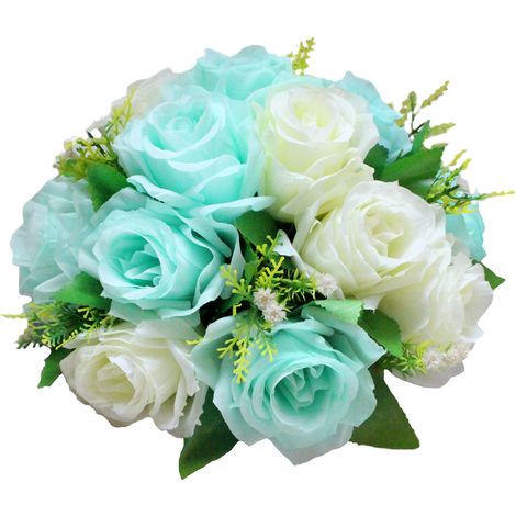 Boule de fleurs artificielles blanc bleu, Arrangement réaliste de 15 têtes pour décor de pièce maîtresse de mariage (1/5)