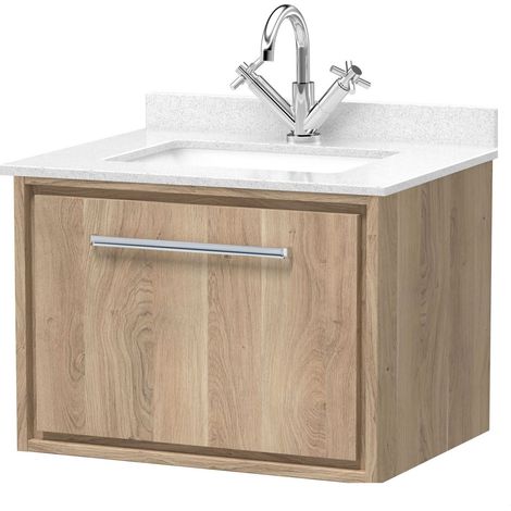 Longnor 1 Drawer Wall Hung Vanity Unit with Square Basin and Marble Worktop, Light Oak, 600mm