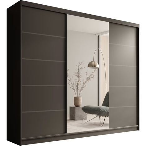 Les Tendances – Armoire coulissante 3 portes avec miroir – Largeur 250 cm – Panneaux stratifiés 16 mm – 11 étagères + penderie – Design moderne noir (1/5)