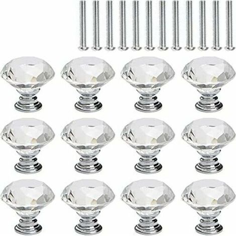 KZQ Lot de 12 boutons de meuble en cristal, poignée de porte d'armoire, verre transparent en forme de losange, base argentée (1/5)