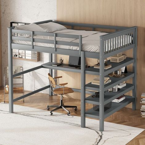 Lit mezzanine 140x200 cm avec bureau intégré  Bois de pin et MDF  Hauteur 169,5 cm  Capacité 200 kg  Convient aux enfants de 6 ans et plus (1/5)