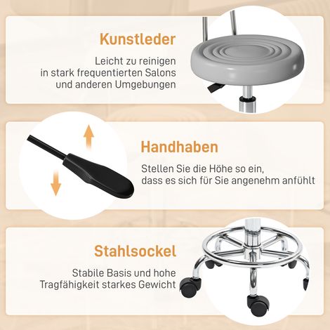 Rollhocker, Drehbarer und verstellbarer Hocker mit Rückenlehne, Kunstlederbezug, Fußstütze, für Frisiertische, Grau (1/5)