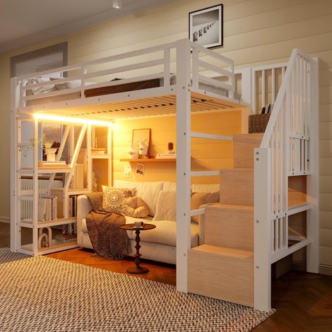 Lit mezzanine, 90x200cm, structure en fer, compartiment de rangement, marches intégrées, barrière de sécurité, échelle, éclairage LED, espace de rangement ouvert sous le lit, matelas non inclus, blanc (1/5)