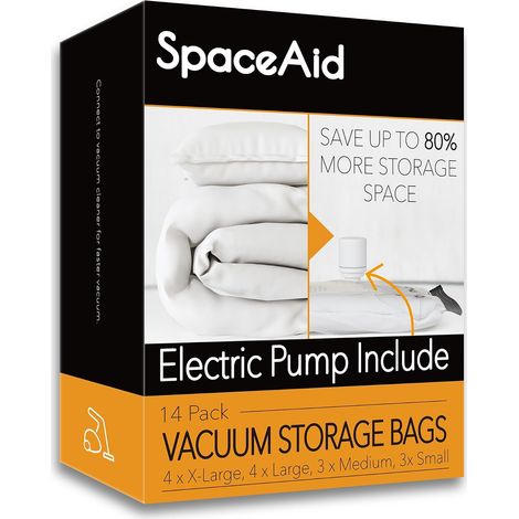 Lot de 14 sacs de rangement sous vide avec pompe à air électrique, sacs de compression pour couettes, couvertures, oreillers, literie, vêtements (4 jumbo/4 grands/3 moyens/3 petits) (1/5)