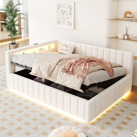 Polsterbett Schlafsofa 140x200, Mit hydraulischem Stauraum, Mit LED-Licht und USB-Ladeanschluss, Mit Rückenlehne, Kopfteil und Stabilem Bettrahmen, Samtstoff Beige, Alte SKU LDU00361AAA (1/5)