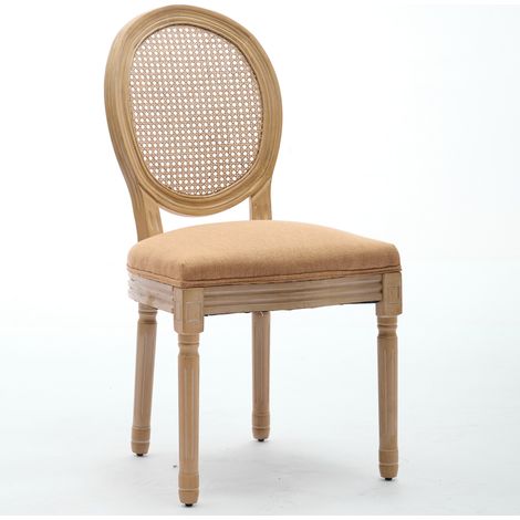 Chaises de salle à manger françaises, cadre en bois massif, assise en lin et dossier cannage rotin, pack de 2, teinte beige, DE1843TN (1/5)