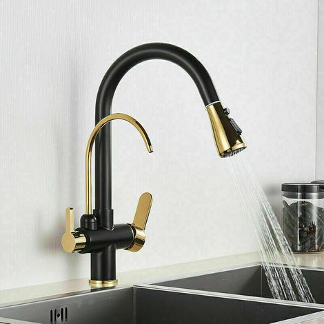 Robinet de Cuisine Douchette Noir et doré 3 Voies – Robinet Mitigeur Cuisine avec de l’eau pure- Rotatif à 360° – Froid & Chaud Disponible (1/5)