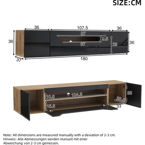 Meuble TV flottant 180x37x36cm, 3 compartiments de rangement, haut brillant avec LED, table TV murale pour écran 75 pouces, noir et bois naturel (1/5)