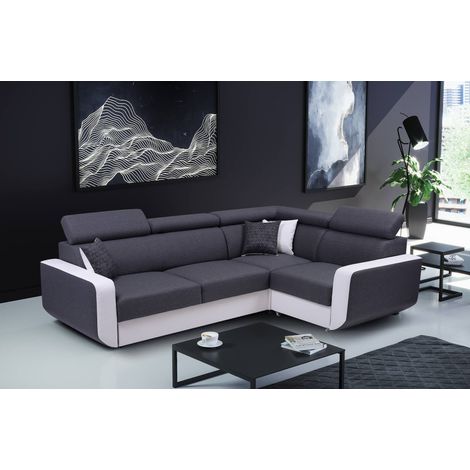Dustin - ecksofa l umkehrbar - 5 sitzplätze - schlaffunktion und bettkasten - verstellbare kopfstützen - weiß / grau