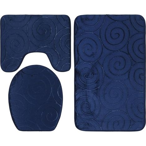 Tapis de sol avec couvercle de toilette, ensemble de tapis de salle de bain 3 pièces en fibres de polyester douces et confortables à tricotage serré pour salle de bain (bleu marine)