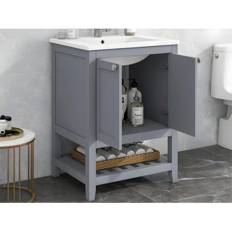 Meuble de salle de bain avec une vasque en céramique - 2 portes et étagère en bas - Gris(robinet non inclus) (1/5)