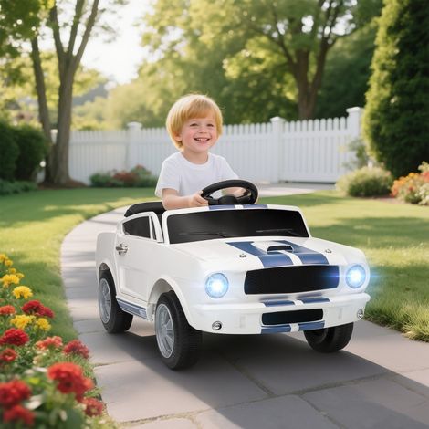 Voiture électrique enfant 12V blanche, 2 moteurs, télécommande 2,4 GHz, klaxon, LED, musique