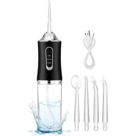 Hydropulseur électrique à trois modes (noir) avec bain de bouche et brosse à dents rechargeables de 240 ml (1/5)
