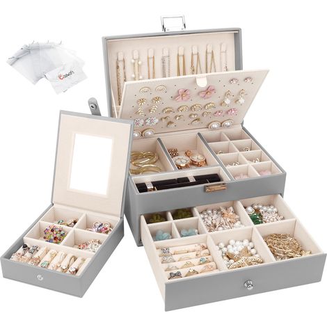 Boîte à Bijoux en Cuir avec Tiroir, Coffret à Bijoux 2 Couches Grande Capacité avec Boîte de Voyage Portable, Rangement Bijoux pour Bagues, Colliers, Bracelets, Gris (1/5)