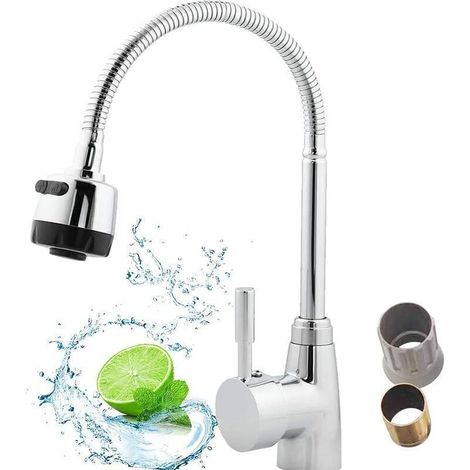 Robinet de cuisine réglable eau chaude/froide avec pulvérisateur extractible, rotation 360°, 2 modes d’écoulement, écrou plastique
