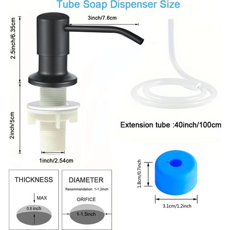 Distributeur de savon liquide pour évier de cuisine (noir - tuyau) en acier inoxydable, pompe, flacon de 350 ml ou 500 ml, fixation sur évier, distributeur de savon à pression manuelle (1/5)
