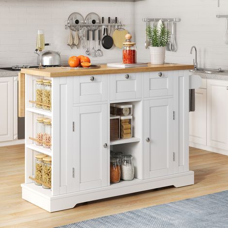 Cucina mobile 132/40(70)/87 cm bianco/naturale con piano estraibile e presa USB (1/5)