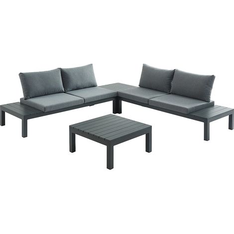 Vente-Unique – Salon de jardin modulable aluminium 4 places – 1 canapé d'angle + table basse – Gris anthracite – Coussins déhoussables résistants à l'eau (1/5)