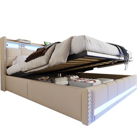 Lit coffre rembourré en tissu lin beige 180x200 cm avec LED et prise USB, tête de lit avec étagères, sommier à lattes (1/5)
