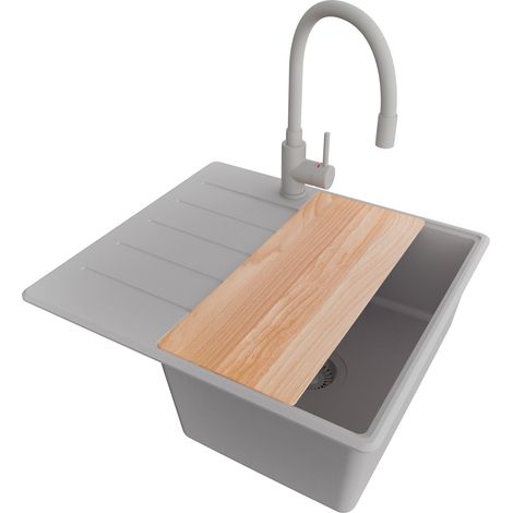 PRIMAGRAN Evier Cuisine en Granit 55x50cm, Lavabo 1 bac + Robinet 38x14cm + Kit de Vidage + Accessoire, Évier à Encastrer au meuble 40cm - Copenhague, Gris (1/5)