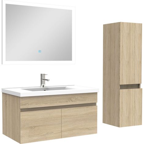 Ocean Ensemble meuble Salle de Bain 80cm avec vasque + colonne + miroir lumineux 3 couleurs chêne wotan (1/5)